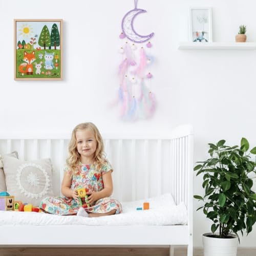 Purple Moon Dream Catcher for Kids Room Wall Decor with Feathers and Pompoms