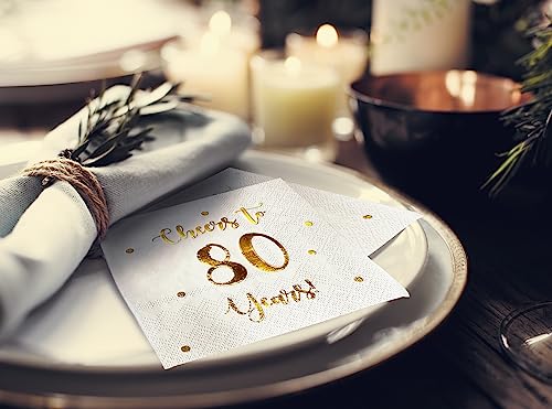 Cheers to 80 Years Cocktail Napkins - Gold Foil 80th Birthday Party Supplies