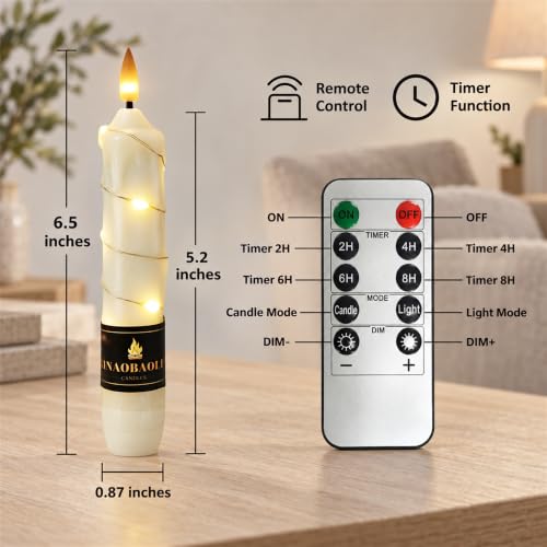 Ivory Flameless Taper Candles 4 Pack - Battery Operated LED with Remote & Flickering Flame, 6.5 Inch for Holiday Decor