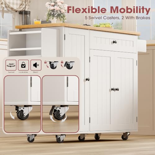 Kitchen Island with Storage, Rolling Cart with Drop Leaf and Spice Rack