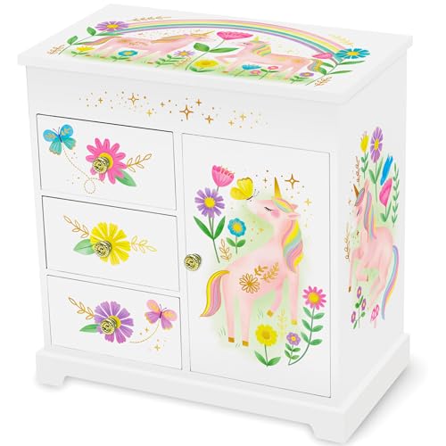 Unicorn Musical Jewelry Box for Girls with Drawers and Floral Design