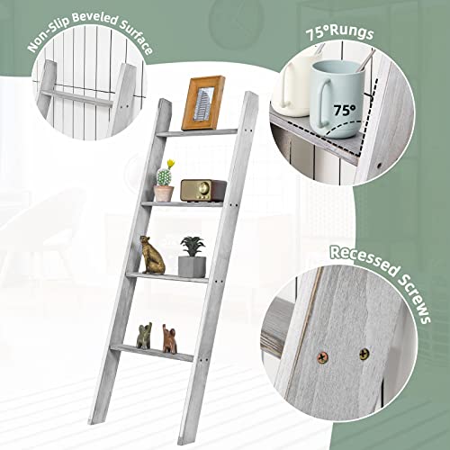 4-Tier Wooden Blanket Ladder - 4.5 ft Farmhouse Leaning Storage Shelf
