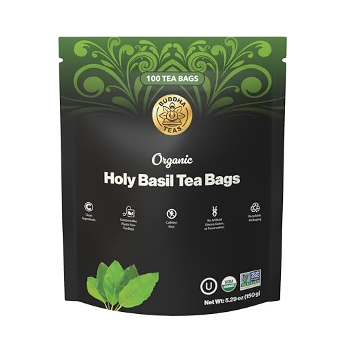 Buddha Teas - Organic Holy Basil Tea Bags - For Health & Wellbeing - Ayurvedic Tulsi - With Antioxidants - Clean Ingredients - Caffeine Free - OU Kosher & Non-GMO - 100 Non-String Tea Bags (Pack of 1)