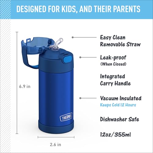 Insulated Stainless Steel Kids Water Bottle with Straw, 12oz, Blue