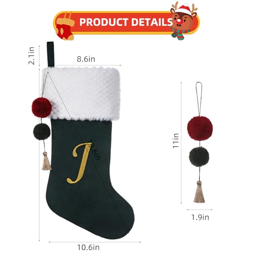 Personalized Velvet Christmas Stocking with Embroidered Letter B - 19.5 Inch Green
