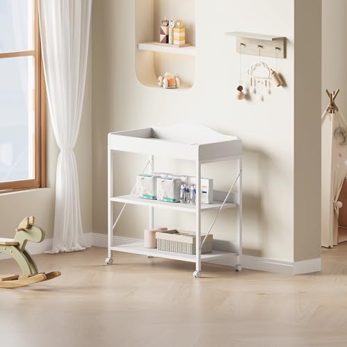 Mobile Baby Changing Table with Waterproof Pad and 2-Tier Storage Shelves