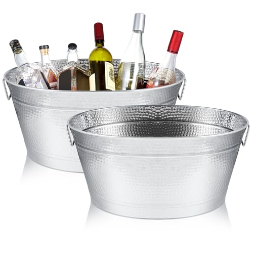 Uiifan 2-Piece Oval Silver Stainless Steel Ice Buckets - Large 6 Gallon Beverage Tubs