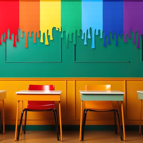 Rainbow Paint Drip Curtains, 7-Piece Colorful Classroom Window Drapes