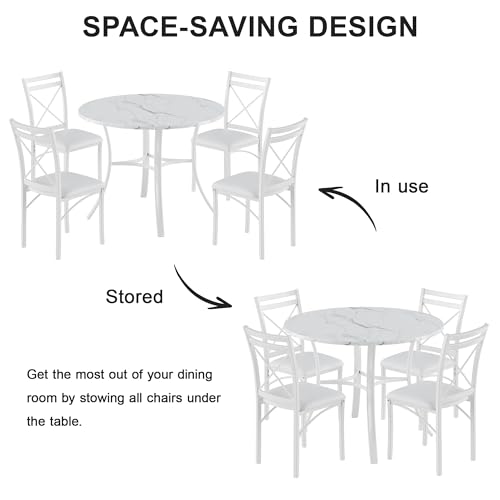 5-Piece Dining Table Set for 4, Faux Marble Top with 4 Upholstered Chairs