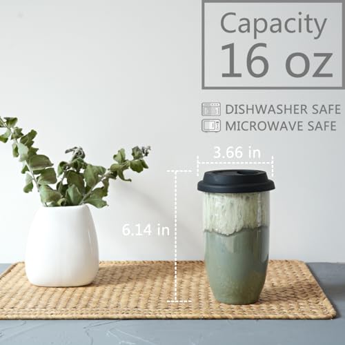 Bosmarlin Pale Green Ceramic Travel Coffee Mug 16 Oz, Microwave & Dishwasher Safe