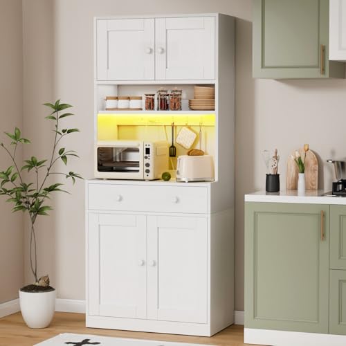71" Tall Kitchen Pantry Cabinet with Microwave Stand, LED Lights & Charging