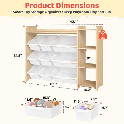 Kids Toy Storage Organizer with Bookshelf, 9 Bins and Hooks, White