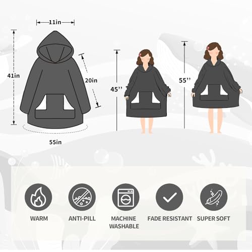 Touchat Grey Wearable Blanket Hoodie for Kids & Teens 6-13, Oversized Sherpa Fleece with Pocket