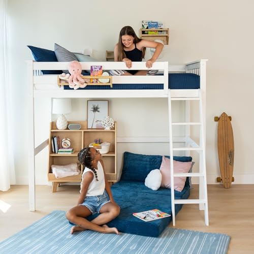 Twin High Loft Bed Frame, Solid Wood Kids Bed with Ladder, White