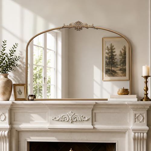 Large Arched Gold Wall Mirror, 40"x29" Antique Baroque Metal Framed Mirror