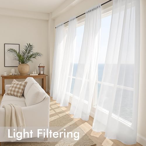 White Sheer Curtains 84 Inches Long - 4 Panel Rod Pocket Voile Drapes