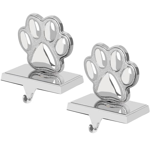 2-Pack Dog Paw Christmas Stocking Holders, Silver Metal Mantel Hangers