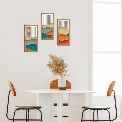 3-Piece Boho Mountain Landscape Wooden Wall Art, Minimalist Nature Decor