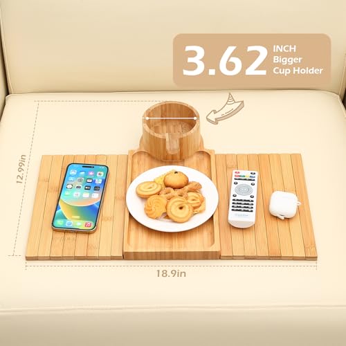 Bamboo Couch Arm Tray with 360° Rotating Cup Holder and Phone Stand