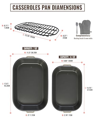Enamel Turkey Roasting Pan with Rack Set - Oven Safe Casserole Dish, Large & Medium Sizes