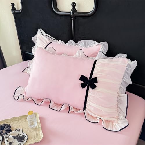 Ruffled Lace Duvet Cover Set with Bow - Queen Size Pink Princess Bedding
