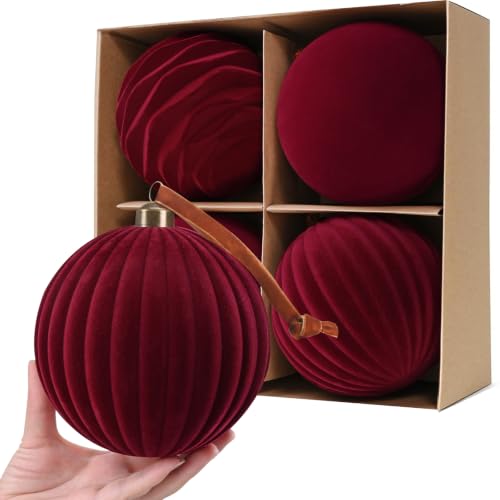 Waipfaru Burgundy Red Velvet Christmas Ornaments Set, 4pcs 5.9 Inch Large Holiday Baubles