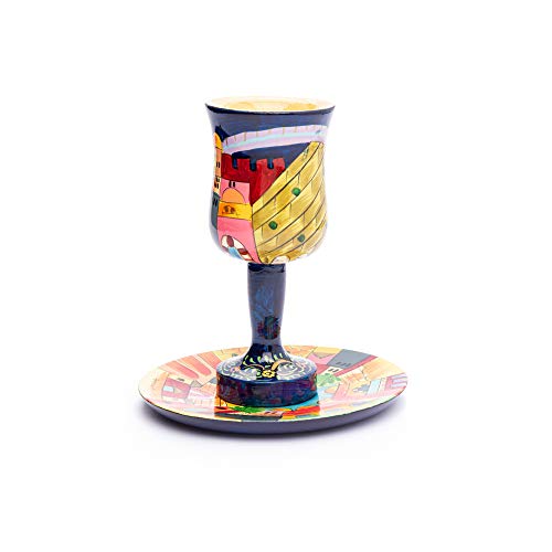 Hand-Painted Jerusalem Scene Wooden Kiddush Cup and Saucer Set