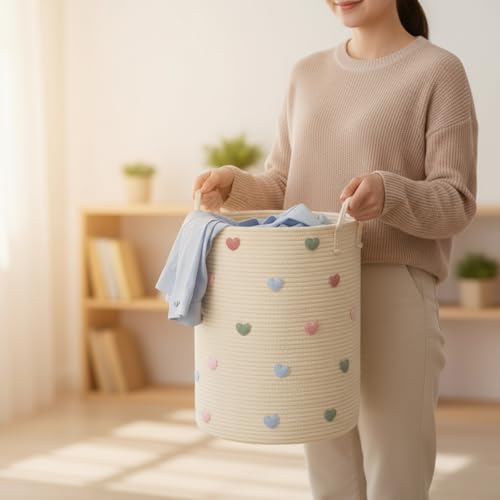 Large Cotton Rope Woven Basket - Decorative Heart Nursery Storage Bin