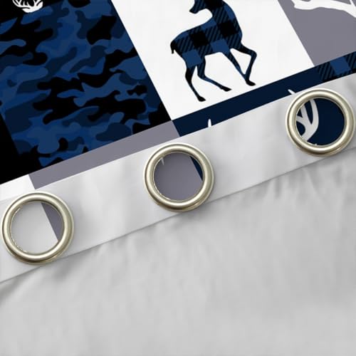 Manfei Camo Deer Antlers Blackout Curtains 52x84 in - 2 Panel Grommet Set, Blue Grey Plaid Patchwork