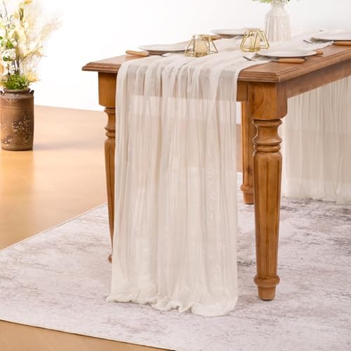 Ivory White 13ft Boho Cheesecloth Table Runner 6 Pack - Rustic Elegant Decor