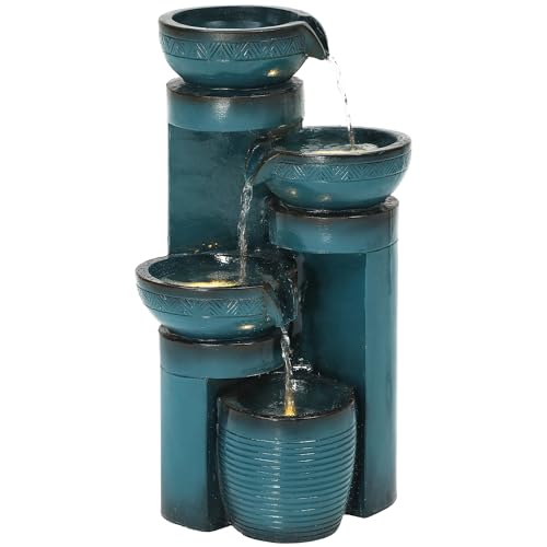 4-Tier Outdoor Water Fountain with LED Lights, 19.3-Inch Faux Ceramic Finish
