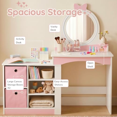 Kids Vanity Set with Lighted Mirror, Dual-Height Dress-Up Station and Chair