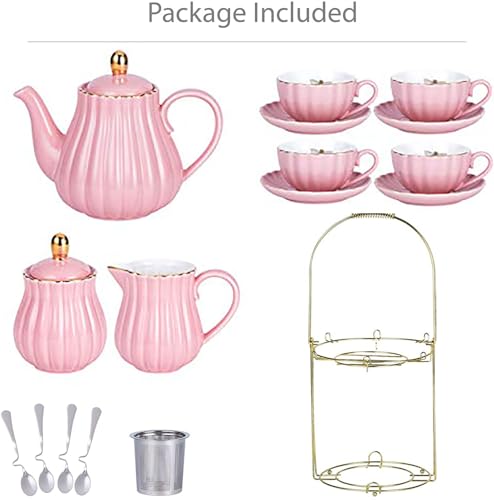 Jusalpha Pink Tea Set for 4 - 17-Piece Coffee & Tea Service with Cups, Saucer, Teapot, Sugar Bowl, Creamer & Accessories - Serve in Style