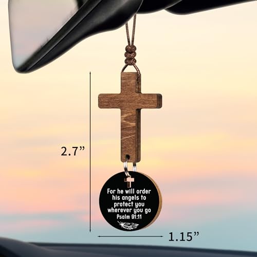 Handmade Wooden Hanging Cross for Car Mirror with Daily Bible Verse Scan