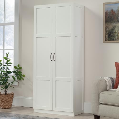 Double Door Tall Storage Cabinet with 4 Adjustable Shelves - White