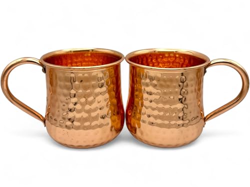 Pure Copper Moscow Mule Mugs Set of 2 - Hammered Finish, 16 oz, Handmade, Unlined, Ayurvedic Style