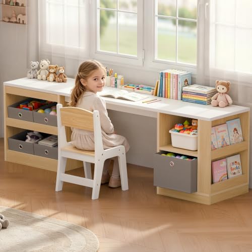 Kids Double Study Desk and Chair Set with Storage Shelves and Fabric Bins
