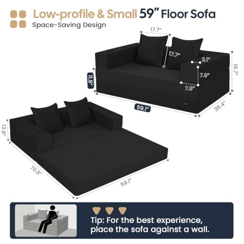 4-in-1 Convertible Floor Sofa Bed, 59-Inch Folding Futon for Small Spaces