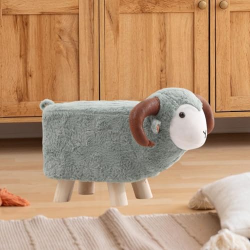 Animal Sheep Footstool Ottoman - Soft Teddy Velvet Kids Stool with Wood Legs