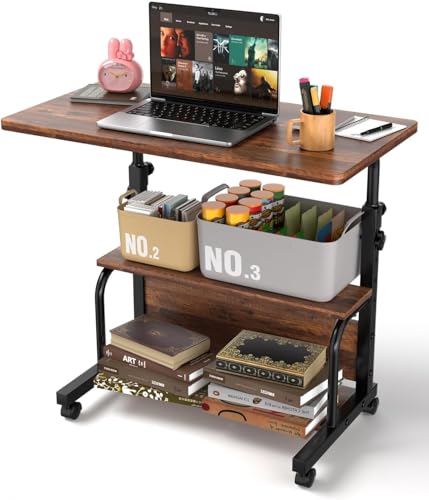32-Inch Portable Rolling Computer Desk with Storage Shelves & Adjustable Height