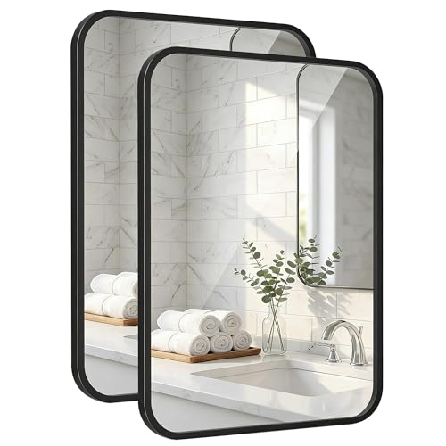 2-Pack 24x36 Inch Matte Black Rounded Rectangle Wall Mirrors, Iron Frame