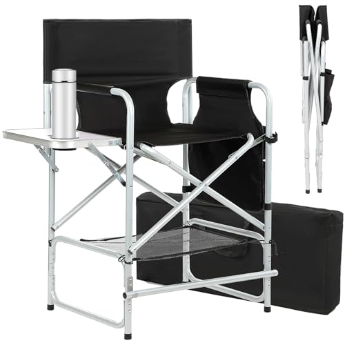 Foldable Makeup Director Chair - Portable Tall Chair with Side Table & Storage