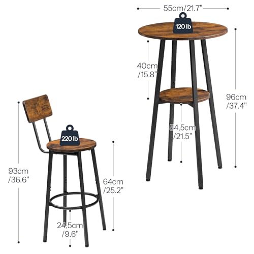 3-Piece Industrial Round Bar Table and Stools Set with Backrests