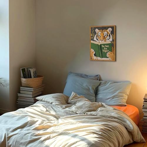 Funny Tiger Reading Canvas Wall Art - 12x16 Framed Motivational Decor