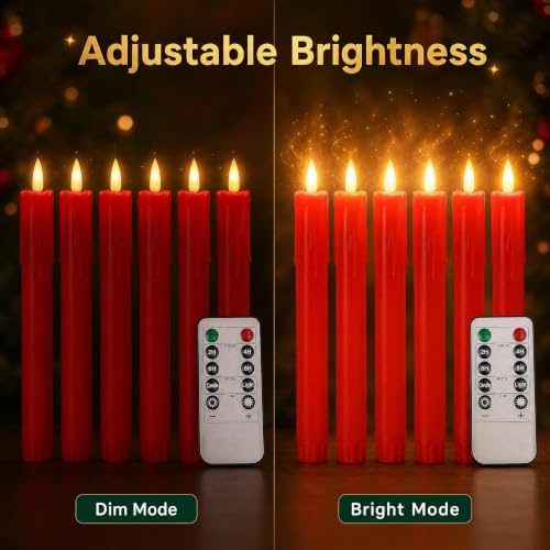 Pierty Red Tall Flameless Flickering LED Taper Candles with Remote Timer - 6.7 Inch Set