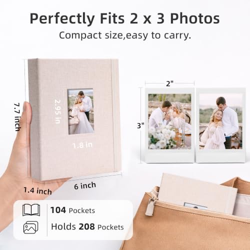 2x3 Inch Mini Photo Album - 208 Pocket Archival Safe Memory Book, Beige