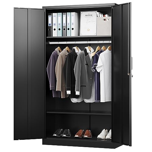 72-inch Metal Wardrobe Storage Cabinet with Adjustable Shelves and Lock
