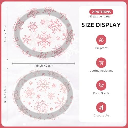 Temicle Rustic 50 Pcs Christmas Oval Paper Plates 9 x 11in Pink Snowflake – Disposable Holiday Dinner Plates