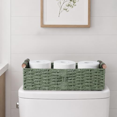 Round Paper Rope Storage Basket Wicker Organizer with Handle Green