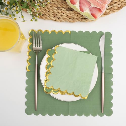 Mealivos 100 Pack Gold Green Disposable Cocktail Napkins 5x5 Inches 2-Ply Scalloped Edges for Weddings & Parties